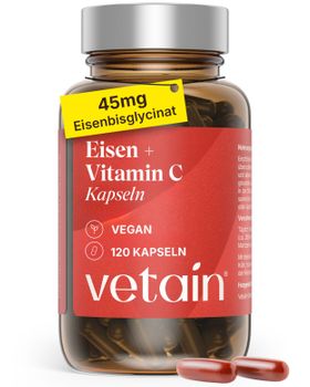 VETAIN Eisen hochdosiert - 45mg Eisenbisglycinat + 250mg Vitamin C pro Kapsel – 4 Monate Vorrat