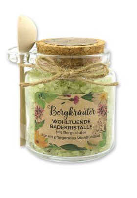 Florex Badesalz Bergkräuter grob mit Schafmilch im dekorativen Glas mit Holzlöffel