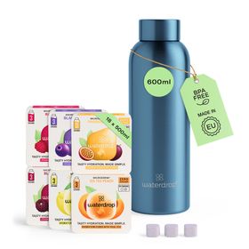 waterdrop® Starter Set Steel – 600ml Thermoflasche + 18 Würfel – Vitamine, vegan, zuckerfrei