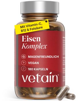 VETAIN Eisen Komplex - Mit 20mg Eisenbisglycinat, Vitamin C, Kupfer, Vitamin B6, B12 & Folsäure