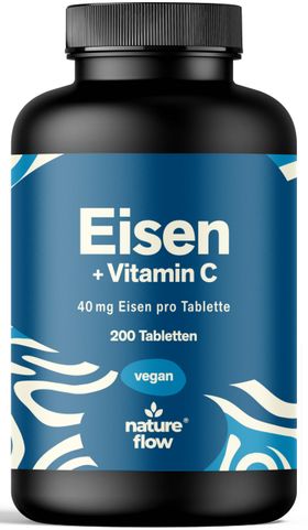 Nature Flow Eisen + Vitamin C Tabletten Hochdosiert - 200 Stück - 200 Tage Vorrat
