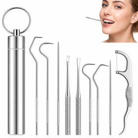 COOL-i Zahnpflege Set, 9er Pack Edelstahl Zahnstocher,wiederverwendbar,Ideal für Unterwegs