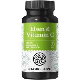 NATURE LOVE® Eisen mit 43mg natürlichem Vitamin C – 20mg Eisenbisglycinat – 120 Kapseln