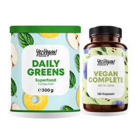 Morgenroutine: Daily Greens Superfood Pulver mit Spirulina + Multivitamin & Mineralien Kapseln vegan
