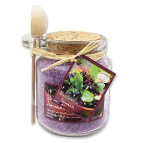Badesalz Aronia im Glas mit Holzlöffel