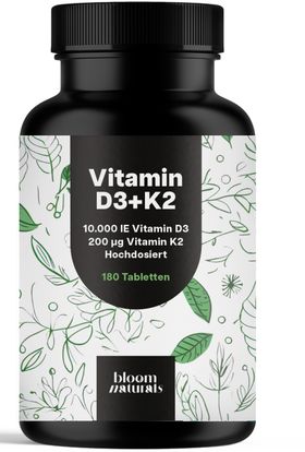 Bloom Naturals Vitamin D3 K2 Tabletten 10000 IE Hochdosiert - 180 Tabletten - 5 Jahre Vorrat