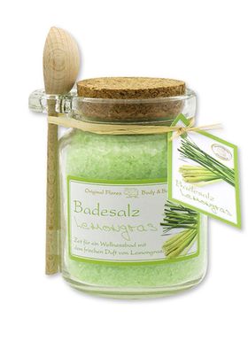 Badesalz Lemongras im Glas mit Holzlöffel