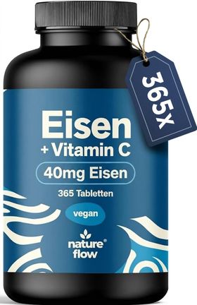 Eisen + Vitamin C Tabletten Hochdosiert - 365 Tabletten - Jahresvorrat - Nature Flow