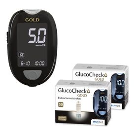 GlucoCheck GOLD Set (mmol/L) zur Kontrolle des Blutzuckers mit 110 Teststreifen