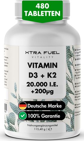 XTRA FUEL Vitamin D3 + K2 Tabletten - hochdosierte 20.000 I.E. + 200mcg MK-7