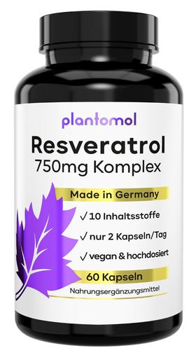 plantomol® Resveratrol - 750mg Trans-Resveratrol Hyaluron Silizium - Haut Haare Nägel Kapseln