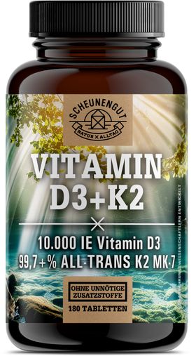 Scheunengut® Vitamin D3 K2 - Hochdosierte Depot Kapseln mit 10000 IE D3 & 200µg K2