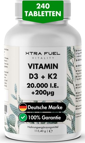 XTRA FUEL Vitamin D3 + K2 Tabletten - 20.000 I.E. + 200mcg MK7 all-trans