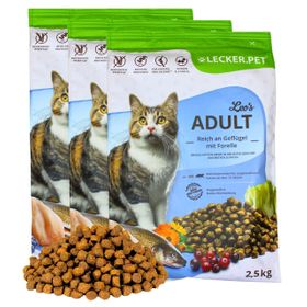 7,5 kg Lecker.Pet® Leo's Adult Geflügel & Forelle Katzenfutter Trockenfutter Vollnahrung