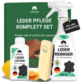 Emma Grün® Leder Komplettset mit Lederreiniger & Lotion inkl. wiederverwendbarem Schwamm & Bürste