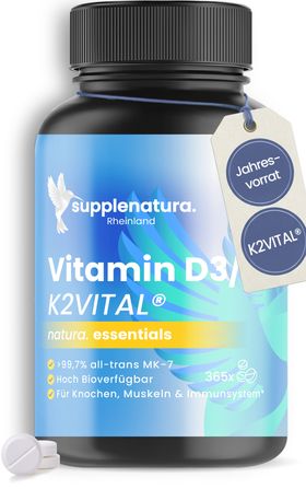 supplenatura® - Vitamin D3 K2 hochdosiert - Premium K2VITAL® - 2.500 IE Vitamin D3- Jahresvorrat