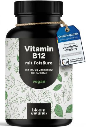 Vitamin B12 Hochdosiert - 400 Tabletten - 500µg Vitamin B12 und 200µg Folsäure - Bloom Naturals