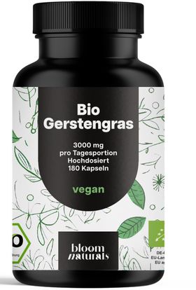Bloom Naturals Bio Gerstengras Hochdosiert - 180 Kapseln - 3000mg Gerstengras Pulver pro Portion.