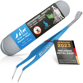 BluePet 2in1 Zeckenenhaken + Zeckenpinzette Zeckenentferner mit Metallbox