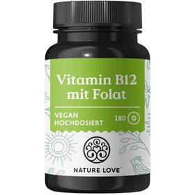 NATURE LOVE® Vitamin B12 - 500µg/Tag - Adenosyl- & Methylcobalamin, Folat 5-MTHF aus Quatrefolic®