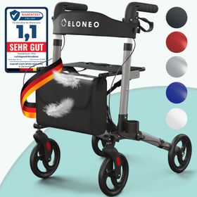 ELONEO Rollator Leichtgewichtrollator mit Stockhalter, Einkaufstasche & Rückengurt