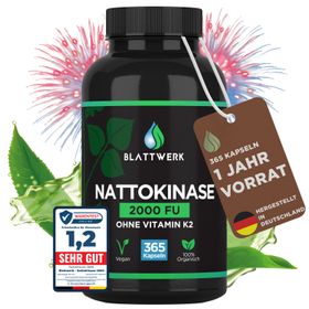 Nattokinase 2000 FU - JAHRESVORRAT - 365 Kapseln je 100mg (20.000 FU/g) - Deutsche Marke - BLATTWERK