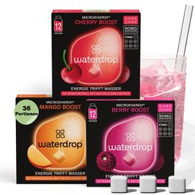 waterdrop® Boost Set – 36 Würfel mit 90mg natürlichem Koffein - BERRY, KIRSCHE & MANGO – zuckerfrei