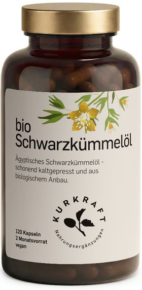 Kurkraft© Bio Schwarzkümmelöl Kapseln – 1.000 mg kaltgepresst – 120 Kapseln – 2 Monate