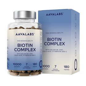 Aavalabs Biotin Komplex – 10.000 µg D-Biotin mit Zink, Selen, Kupfer, Vitamin C, B6 & Folsäure