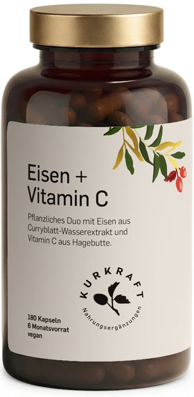 Kurkraft© Eisen + Vitamin C – Curryblatt & Hagebutte – 14 mg Eisen – 180 Kapseln – vegan