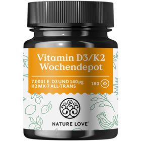 NATURE LOVE® Vitamin D3 K2 Wochendepot – 180 Stück – 7000IE D3 + 140µg K2/Tablette >99,7% all-trans