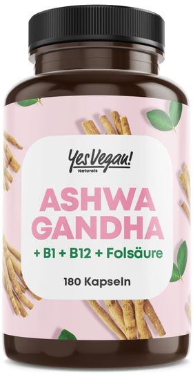 Ashwagandha Kapseln (180 Stück) hochdosiert mit Ashwagandha hochdosiert, Vitamin B12 B1 B6