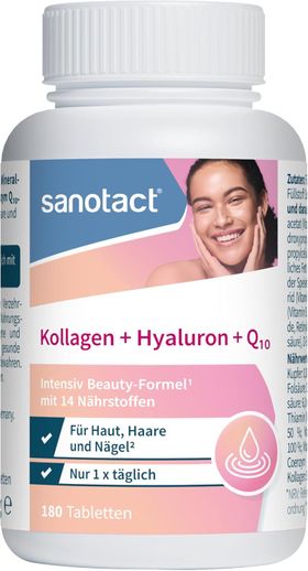 sanotact Kollagen + Hyaluron + Q10 Kapseln, Beauty-Formel mit 14 Nährstoffen für Haut, Haare, Nägel