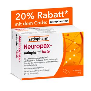 Neuropax-ratiopharm forte mit Uridinmonophosphat (UMP), Vitamin B12 und Folsäure zur Unterstützung der Nervenregeneration - Jetzt 20% mit dem Code ratiopharm20 sparen* thumbnail
