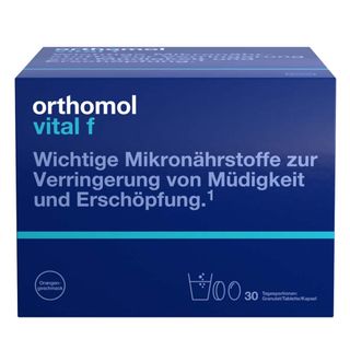 Orthomol Vital f für Frauen - bei Müdigkeit - mit B-Vitaminen, Omega-3 und Magnesium - Granulat/Tabletten/Kapseln - Orangen-Geschmack