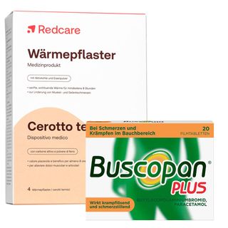 Buscopan Plus bei Bauchschmerzen und Regelschmerzen + Redcare Wärmepflaster