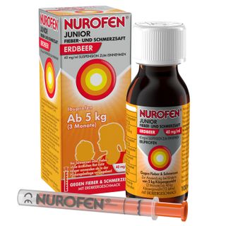 NUROFEN® Junior Fieber- und Schmerzsaft Erdbeer 40 mg + Nurofen Reisebeutel GRATIS