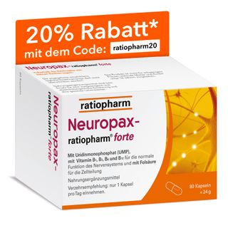 Neuropax-ratiopharm forte mit Uridinmonophosphat (UMP), Vitamin B12 und Folsäure - Jetzt 20% mit dem Code ratiopharm20 sparen*