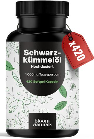 Schwarzkümmelöl - 420 Softgel Kapseln - 1000 mg Öl mit 500 mg Linolsäure - Bloom Naturals®
