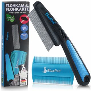 BluePet Flohkamm Hund Katze, Läusekamm, Nissenkamm, Hundekamm Katzenkamm mit Flohkarte für unterwegs