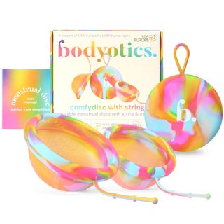 Bodyotics Menstruationsscheibe wiederverwendbar in S und L mit Rückholband, bis 12 h, Regenbogen