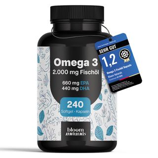 Omega 3 Testsieger - 240 Kapseln - 2000 mg Fischöl mit 660 mg EPA & 440 mg DHA - Bloom Naturals®