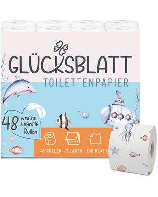Toilettenpapier mit bedruckten Motiven, 3-lagig, 48 Rollen x 150 Blatt, 100% Zellstoff