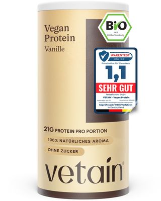 VETAIN Proteinpulver Vegan - Vanille - 21g Eiweiß - Ohne Zuckerzusatz - 100% Bio - TESTSIEGER
