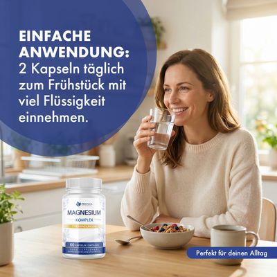 Frau trinkt Wasser. Auf dem Tisch: Flasche Magnesium Komplex Kapseln, Schüssel mit Müsli, Tasse. Text: Einfache Anwendung.