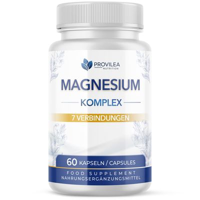 Weiße Flasche mit Kapseln. Aufschrift: Magnesium Komplex, 7 Verbindungen, 60 Kapseln. Marke: Provilea Nutrition.