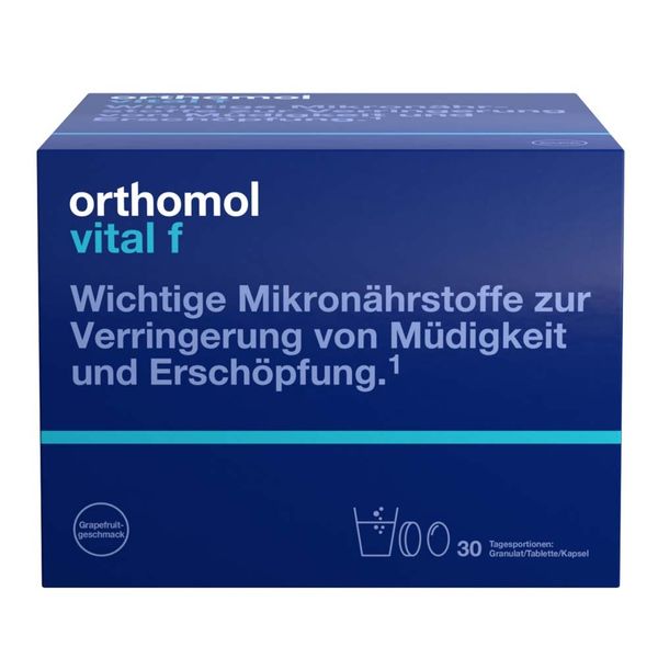 Bild von Orthomol Vital f für Frauen - bei Müdigkeit - mit B-Vitaminen, Omega-3, Magnesium - Granulat/Tabletten/Kapseln - Grapefruit-Geschmack 30 St