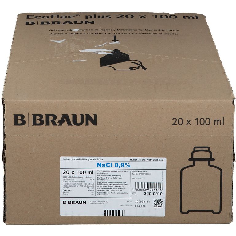 Isotone Natriumchloridlösung 0 9 Braun Injektionslösung Inhalieren Isotone Kochsalz-Lösung 0,9 % Braun Ecoflac® plus 20x100 ml - Shop Apotheke