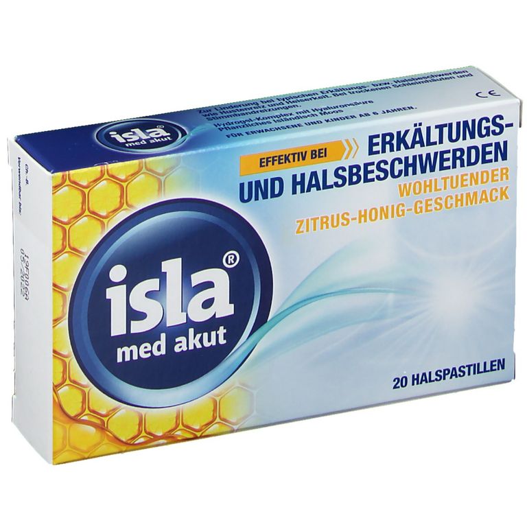 isla med akut Zitrus-Honig Halspastillen bei Halsschmerzen und
