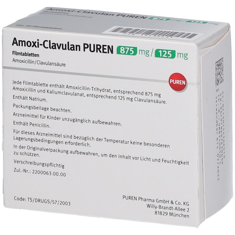 Amoxi-Clavulan PUREN 875 mg/125 mg 20 St mit dem E-Rezept kaufen - Shop